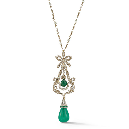 Emerald and Diamond Floral Drop Necklace