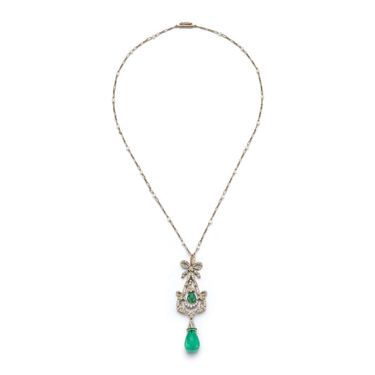 Emerald and Diamond Drop Pendant Necklace
