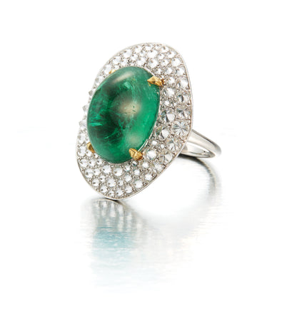 Carvin-French Cabochon Emerald & Diamond "Potato Chip" Ring