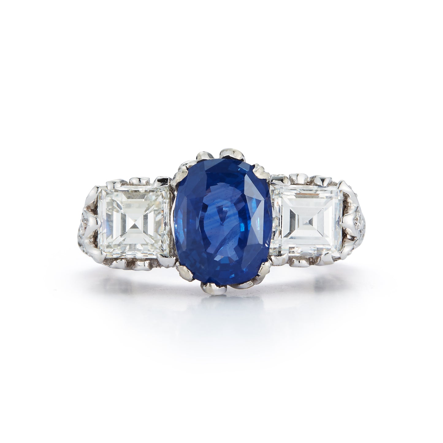 AGL Certified Sapphire & Diamond Three Stone Filigree Ring