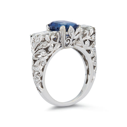 AGL Certified Sapphire & Diamond Three Stone Filigree Ring