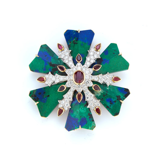 David Webb Azurmalachite Ruby and Diamond Maltese Cross Brooch