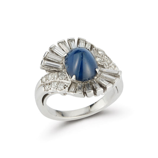 Art Deco Cabochon Sapphire & Diamond Cocktail Ring