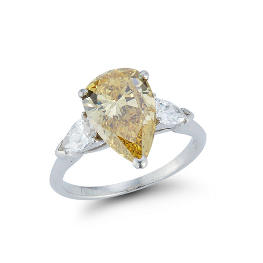 Fancy Yellow Pear Diamond Three-Stone Ring with Pear Diamond Accents