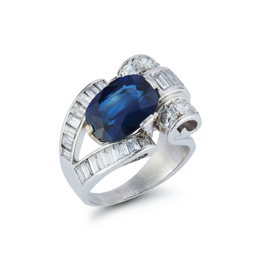 Platinum Sapphire and Diamond Baguette Ring