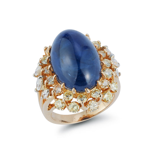 Cabochon Sapphire and Fancy Yellow Diamond Halo Cluster Ring