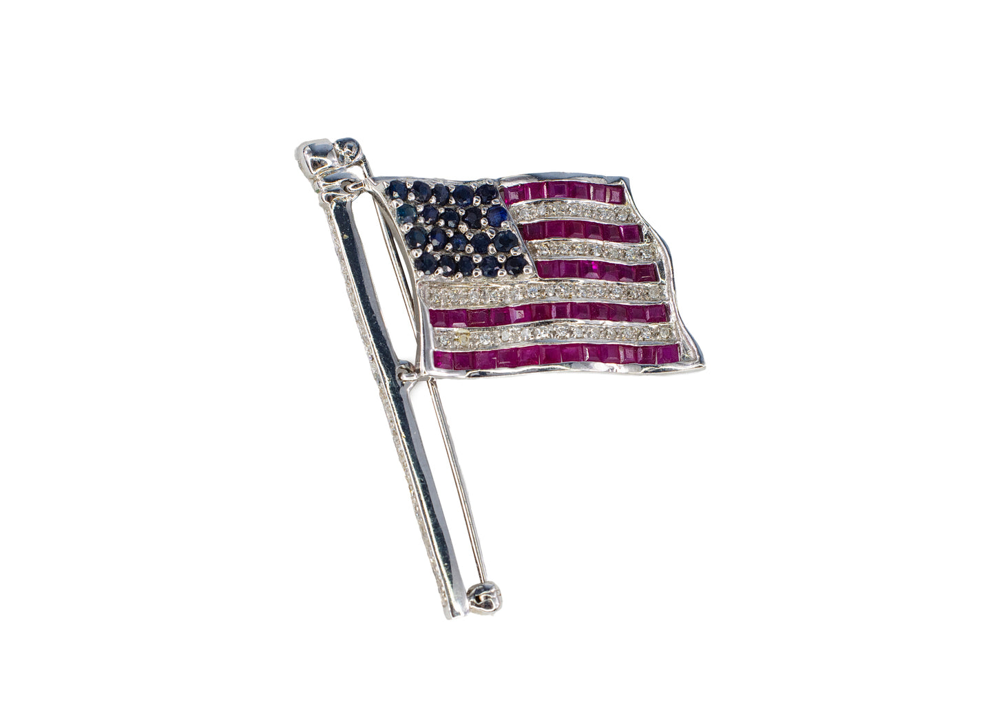 White Gold Mechanical Waving American Flag Brooch
