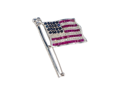White Gold Mechanical Waving American Flag Brooch