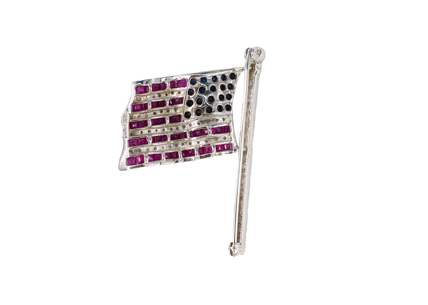 White Gold Mechanical Waving American Flag Brooch