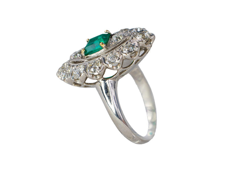 Platinum Marquise-Shaped Emerald and Old Mine Cut Diamond Cluster Ring