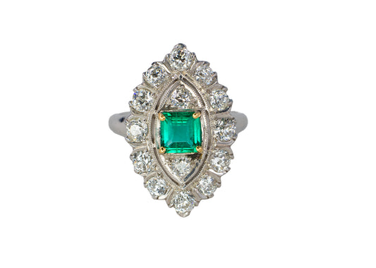 Platinum Marquise-Shaped Emerald and Old Mine Cut Diamond Cluster Ring