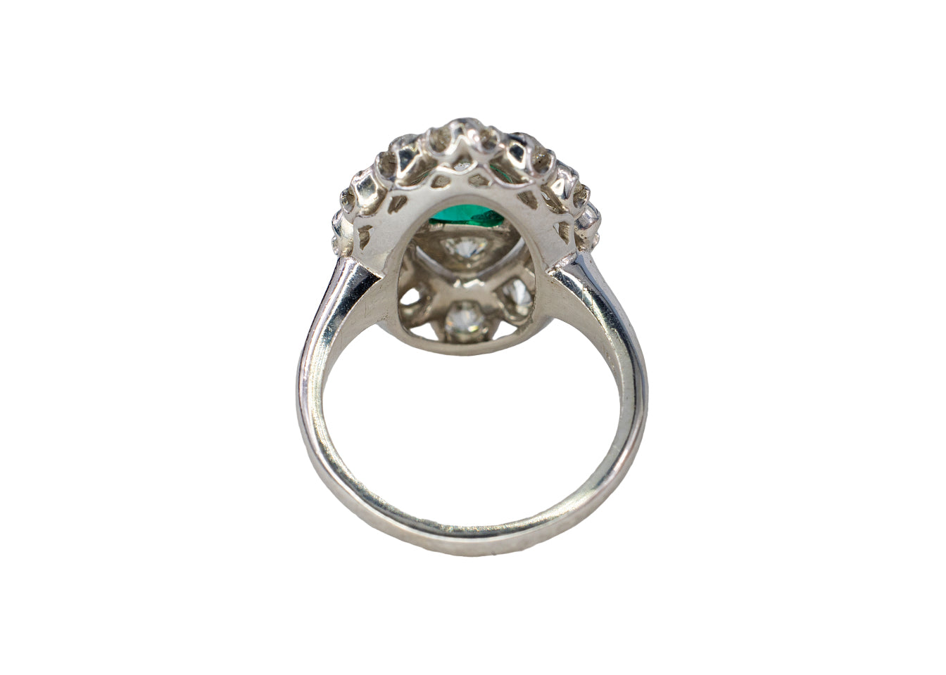Platinum Marquise-Shaped Emerald and Old Mine Cut Diamond Cluster Ring