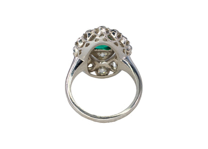 Platinum Marquise-Shaped Emerald and Old Mine Cut Diamond Cluster Ring