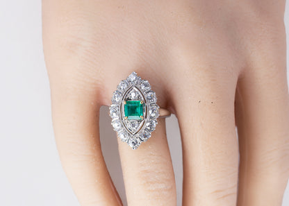 Platinum Marquise-Shaped Emerald and Old Mine Cut Diamond Cluster Ring
