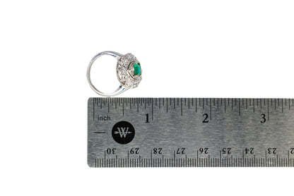 Platinum Marquise-Shaped Emerald and Old Mine Cut Diamond Cluster Ring