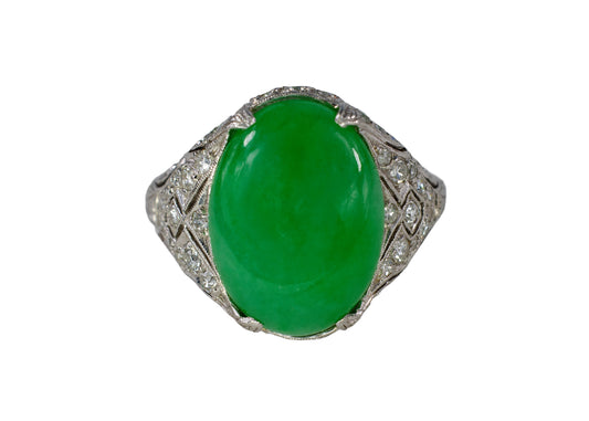 Platinum Oval Green Jade Cabochon and Diamond Filigree Ring