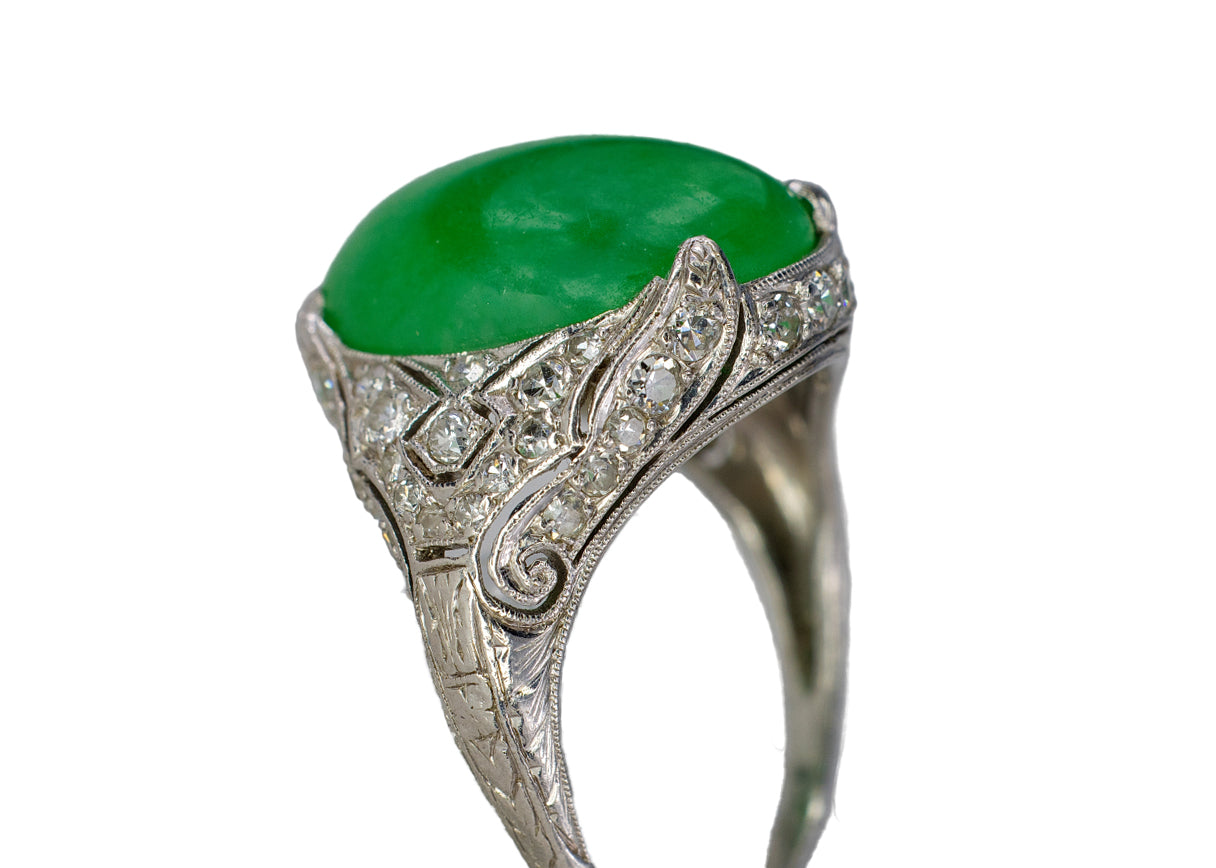 Platinum Oval Green Jadeite Jade Cabochon and Diamond Filigree Ring