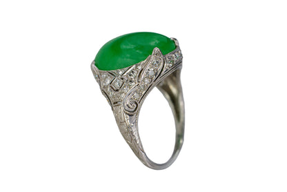 Platinum Oval Green Jadeite Jade Cabochon and Diamond Filigree Ring