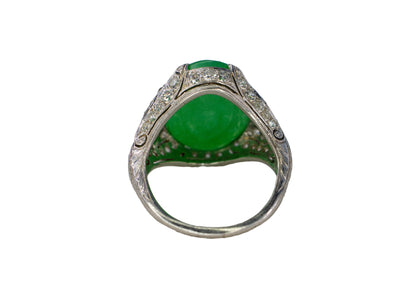 Platinum Oval Green Jadeite Jade Cabochon and Diamond Filigree Ring