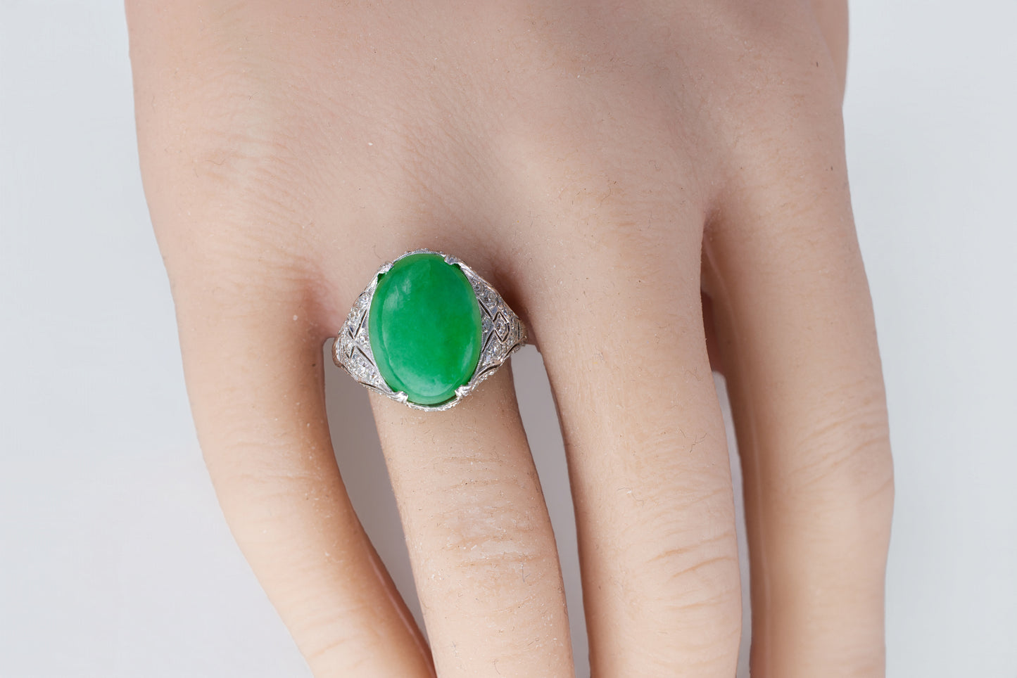 Platinum Oval Green Jadeite Jade Cabochon and Diamond Filigree Ring