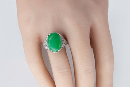 Platinum Oval Green Jadeite Jade Cabochon and Diamond Filigree Ring