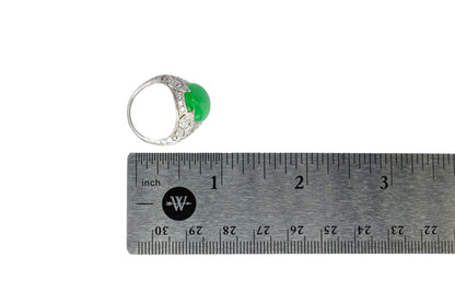 Platinum Oval Green Jadeite Jade Cabochon and Diamond Filigree Ring