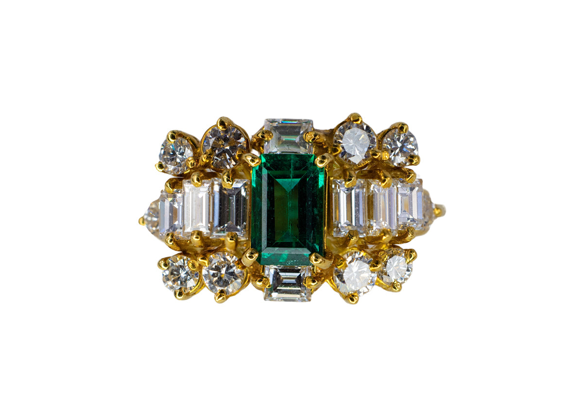 Emerald-Cut Emerald and Multi-Cut Diamond Cluster Ring