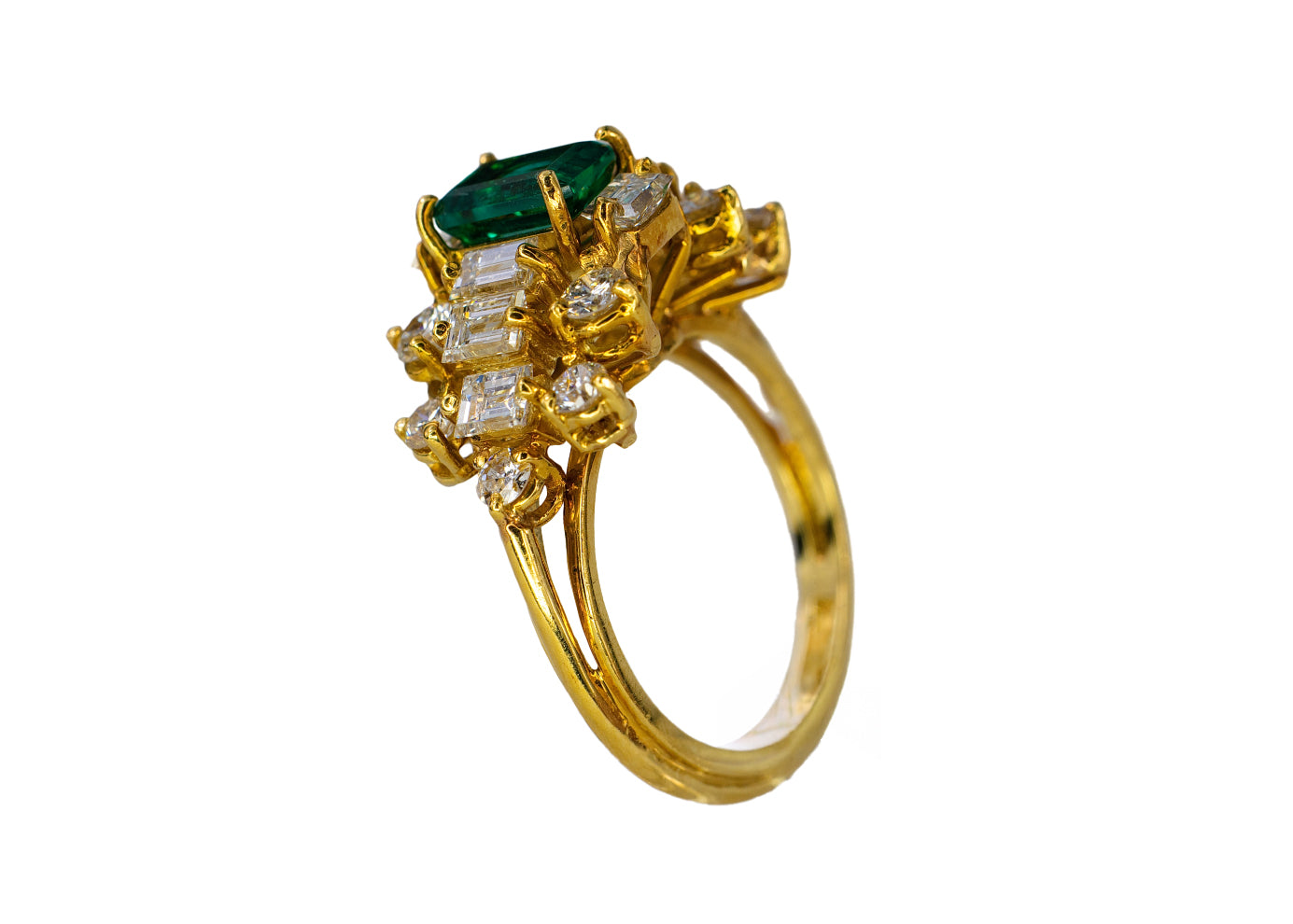 Emerald-Cut Emerald and Multi-Cut Diamond Cluster Ring