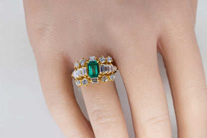 Emerald-Cut Emerald and Multi-Cut Diamond Cluster Ring