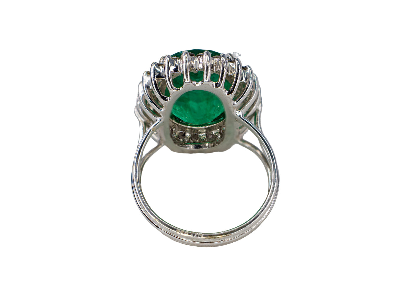 White Gold Oval Emerald and Scalloped Diamond Halo Cocktail Ring