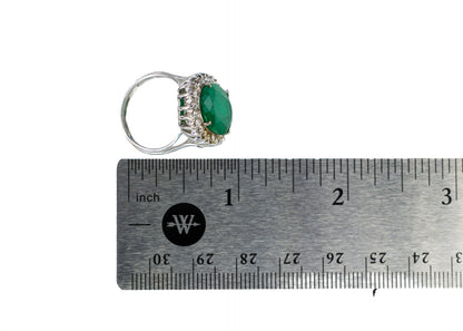 White Gold Oval Emerald and Scalloped Diamond Halo Cocktail Ring