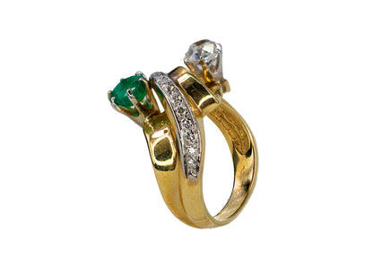 Round Emerald and Old Mine Cut Diamond Bypass Ring