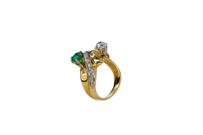 Round Emerald and Old Mine Cut Diamond Bypass Ring