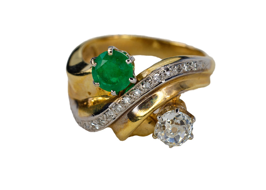Round Emerald and Old Mine Cut Diamond Bypass Ring