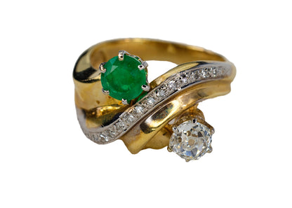 Round Emerald and Old Mine Cut Diamond Bypass Ring