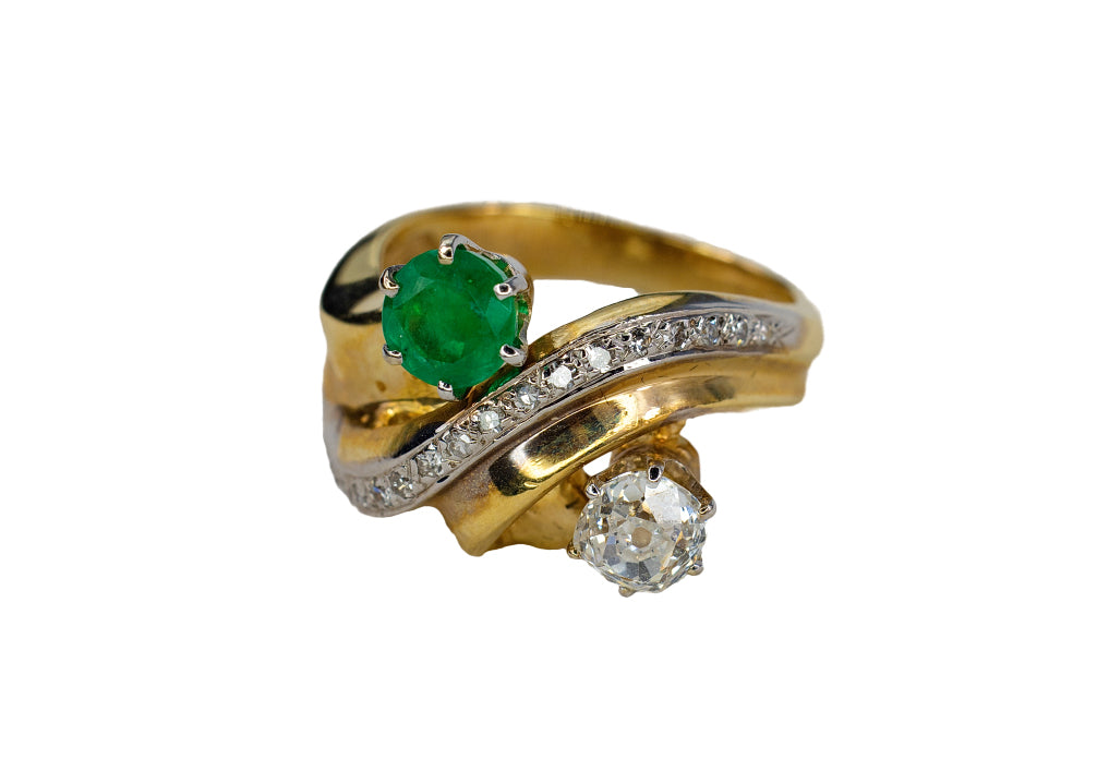 Round Emerald and Old Mine Cut Diamond Bypass Ring