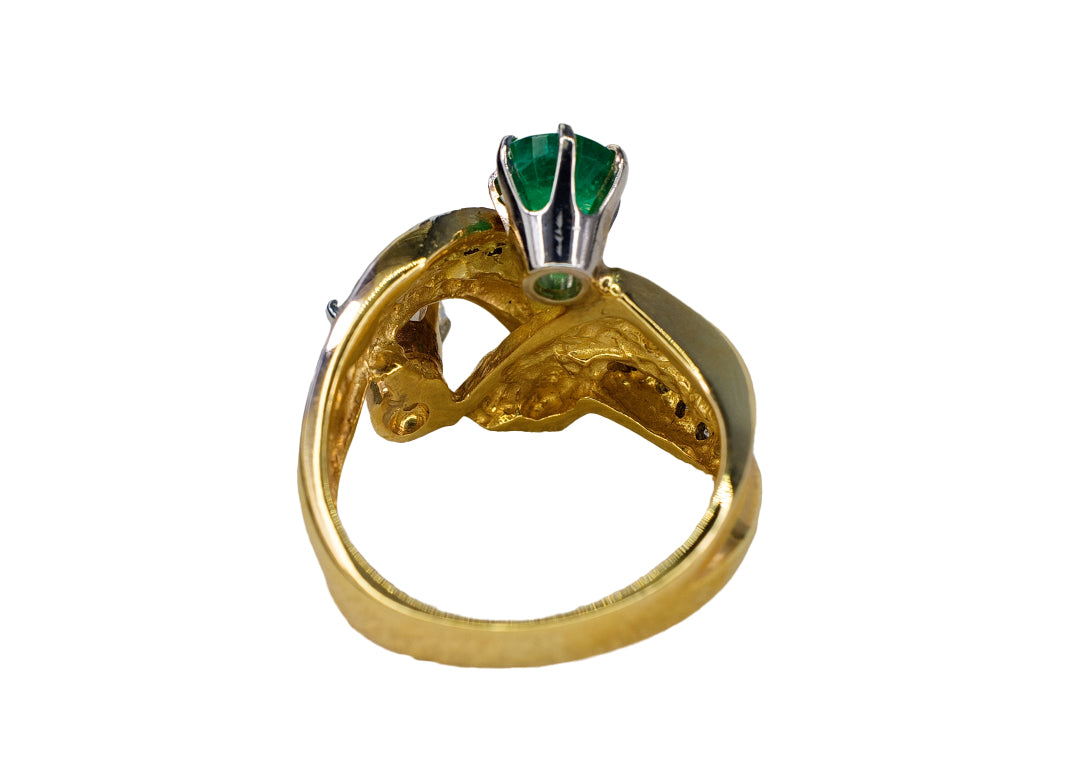 Round Emerald and Old Mine Cut Diamond Bypass Ring