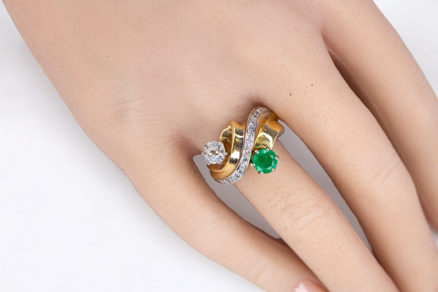 Round Emerald and Old Mine Cut Diamond Bypass Ring