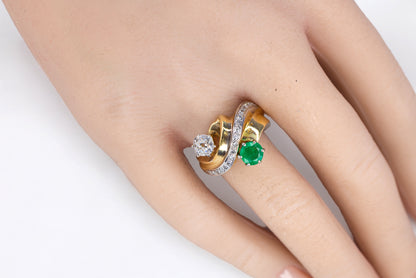 Round Emerald and Old Mine Cut Diamond Bypass Ring
