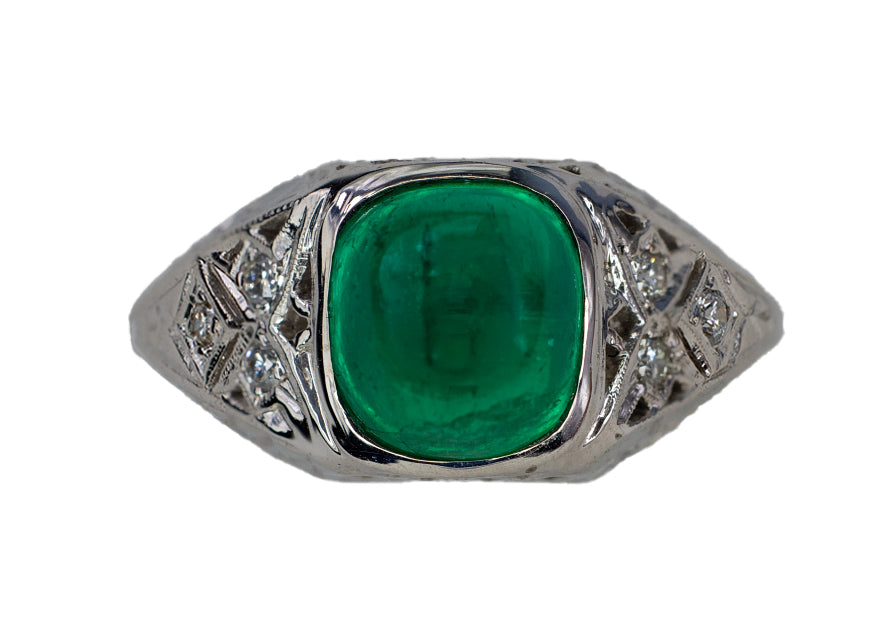 Platinum Sugarloaf Emerald Cabochon and Diamond Filigree Ring