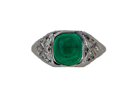 Platinum Sugarloaf Emerald Cabochon and Diamond Filigree Ring