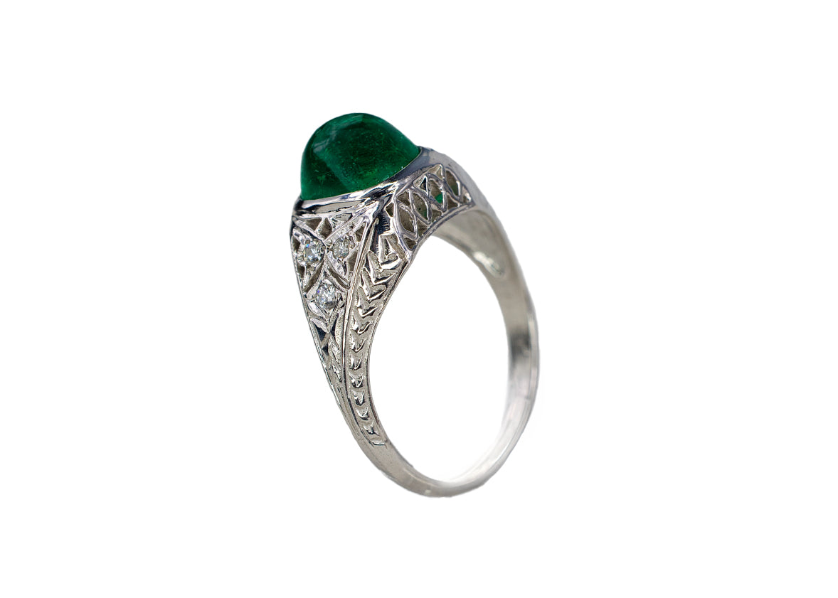 Platinum Sugarloaf Emerald Cabochon and Diamond Filigree Ring