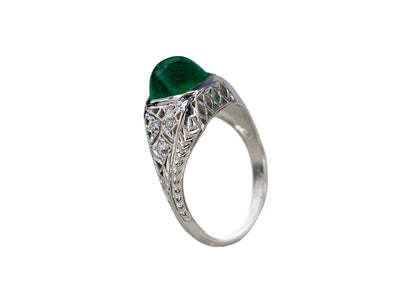 Platinum Sugarloaf Emerald Cabochon and Diamond Filigree Ring