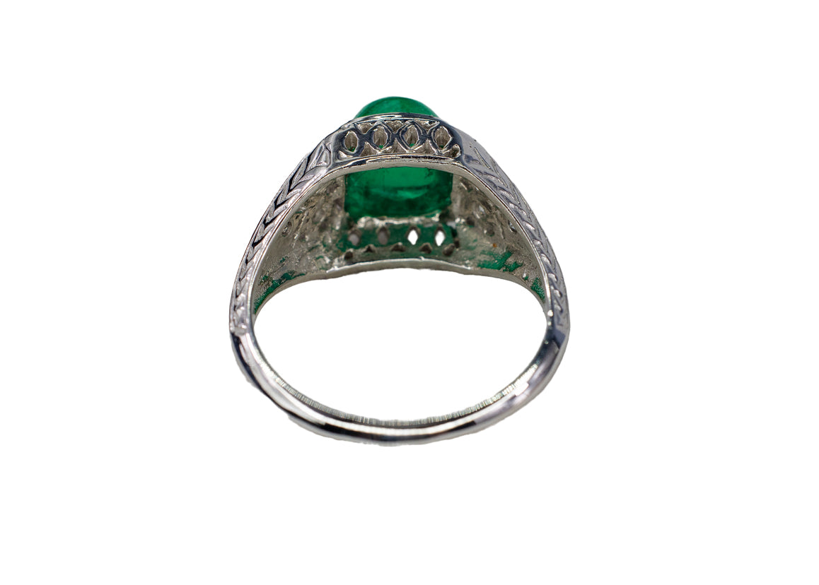 Platinum Sugarloaf Emerald Cabochon and Diamond Filigree Ring
