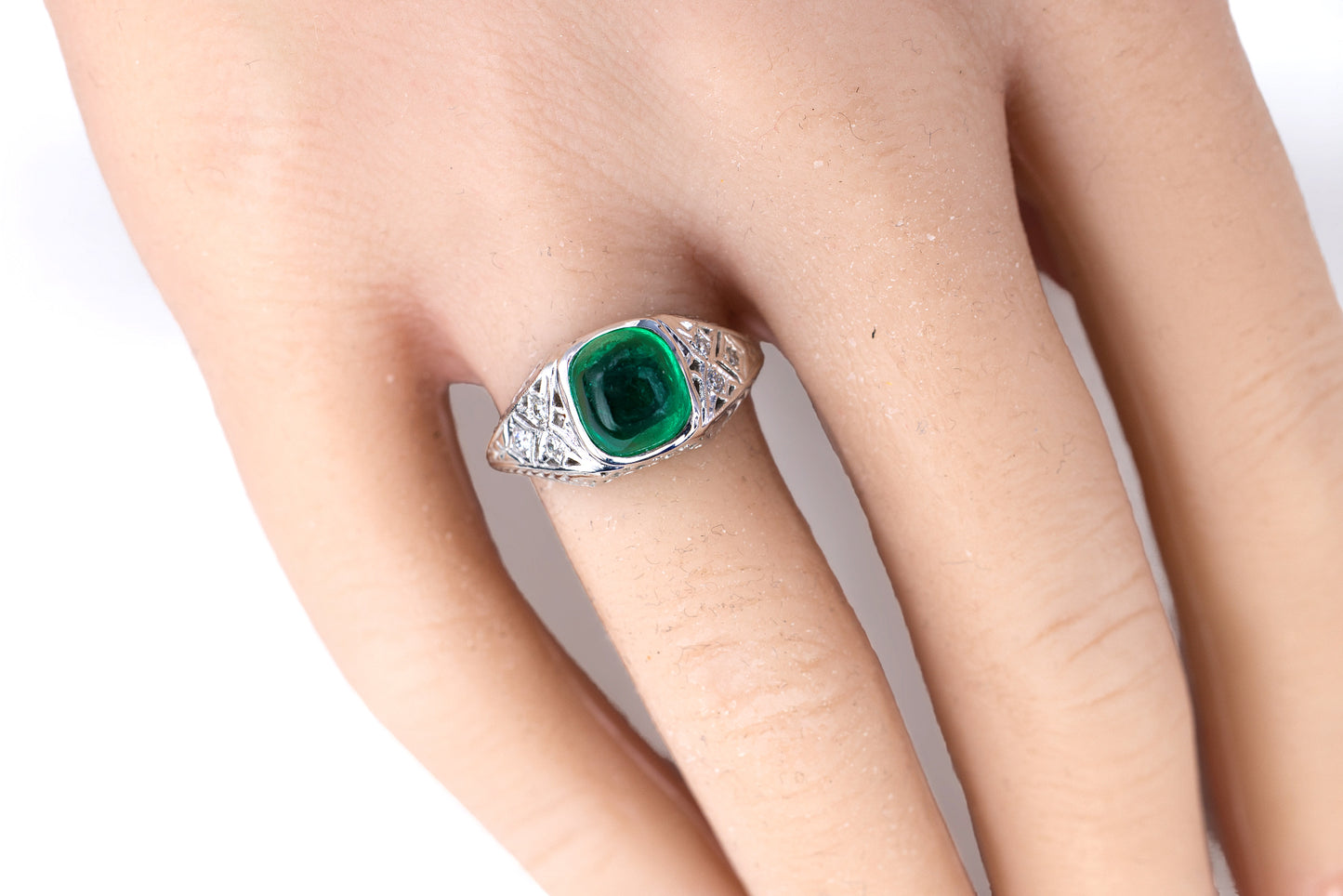 Platinum Sugarloaf Emerald Cabochon and Diamond Filigree Ring