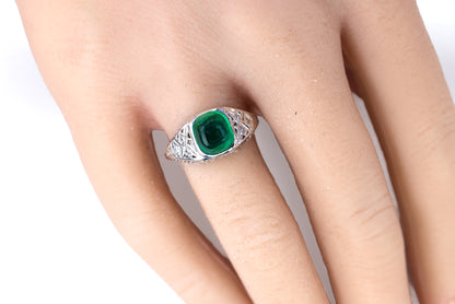 Platinum Sugarloaf Emerald Cabochon and Diamond Filigree Ring