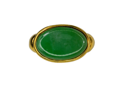 Yellow Gold Oval Green Bezel Solitaire Jade Cabochon Ring