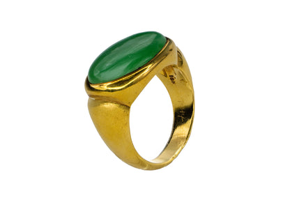 Yellow Gold Oval Green Bezel Solitaire Jade Cabochon Ring