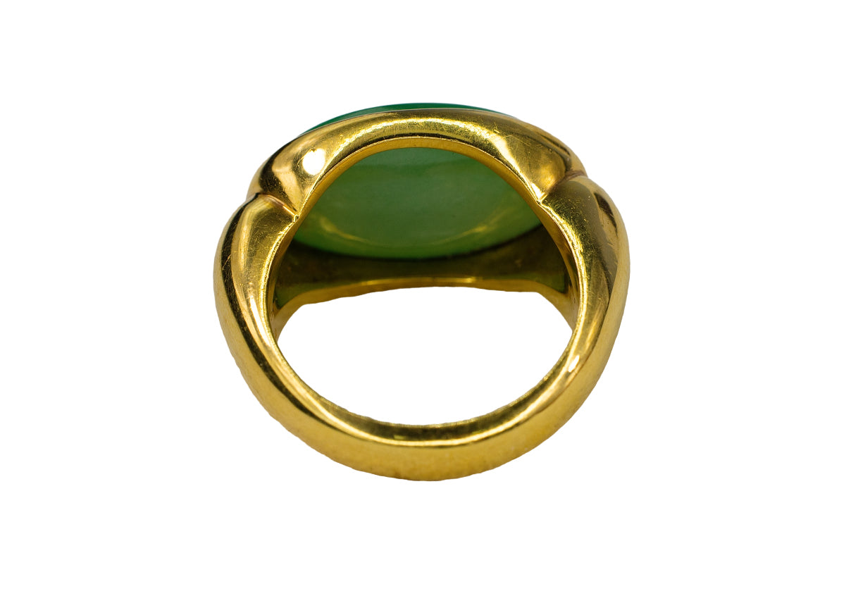 Yellow Gold Oval Green Bezel Solitaire Jade Cabochon Ring