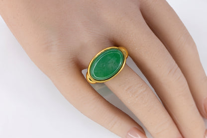 Yellow Gold Oval Green Bezel Solitaire Jade Cabochon Ring
